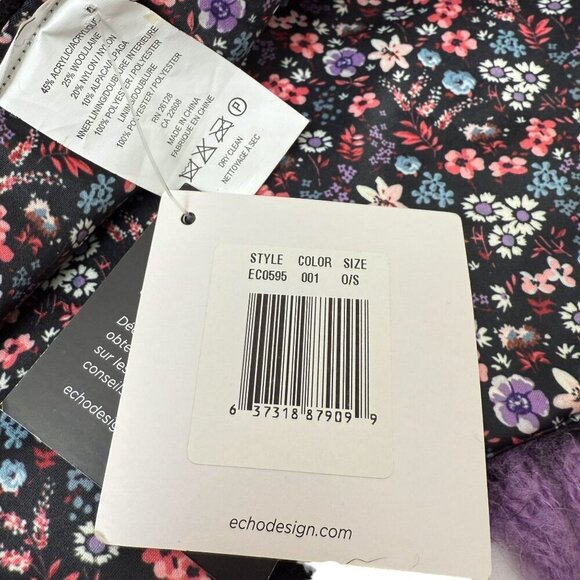 ECHO Wool Blend Scarf Black Plaid Reverse Floral Fringed NWT - Picture 9 of 10